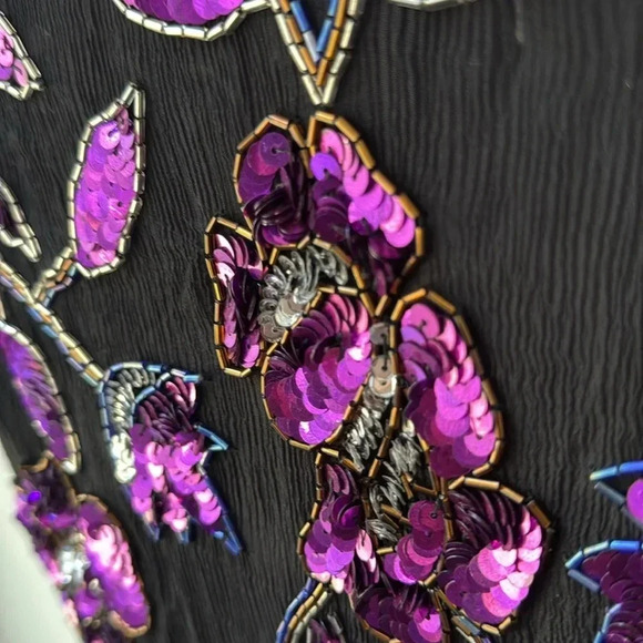 GORGEOUS RAZZLE DAZZLE 100% silk beaded top Sz M black purple sequins luxurious - Picture 6 of 10